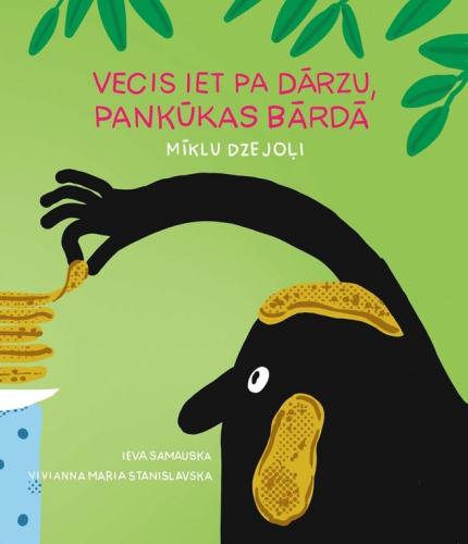Viviannas Marias Stanislavskas vāka ilustrācija Ievas Samauskas grāmatai 'Vecis iet pa dārzu, pankūkas bārdā'